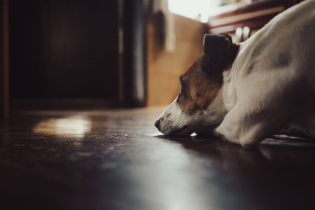The dog lies on the old wooden floor in the room, the domestic pet is resting.