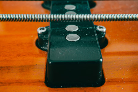 Pickup and strings on a bass guitar, close-up view.