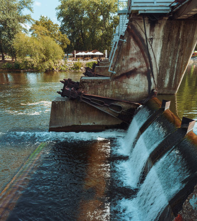View of the river course from the old dam, summer period by day. The surroundings of the town of Cacak in Serbia.の写真素材
