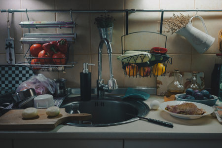 Preparing lunch at home in the kitchen, details of ingredients needed for cooking, kitchen table, scene from ordinary life.の写真素材