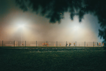 Night scene of soccer fields with players in autumn, foggy atmosphere.の写真素材