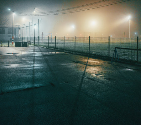 Night scene of a soccer field with a foggy atmosphere.の写真素材