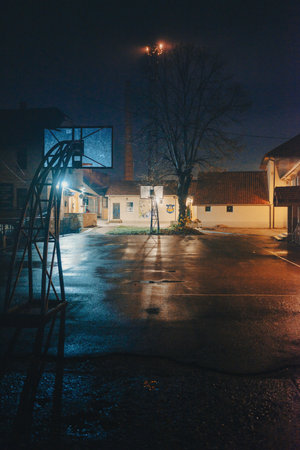 Cacak, Serbia - November 23, 2025: Basketball club Zeleznicar, court details at night.のeditorial素材