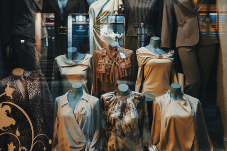 Women's fashion clothes in shop window, night scene.の写真素材