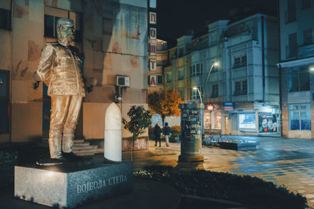 Cacak, Serbia - November 23, 2025: City center at night, rainy and cold weather. Details of main streets with promenade.のeditorial素材
