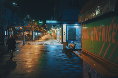 Cacak, Serbia - November 23, 2025: City center at night, rainy and cold weather. Details of main streets with promenade.のeditorial素材