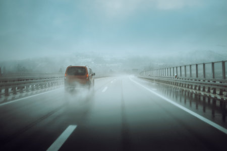 Rainy and foggy weather on the highway, autumn winter atmosphere with low visibility and heavy precipitation.の写真素材