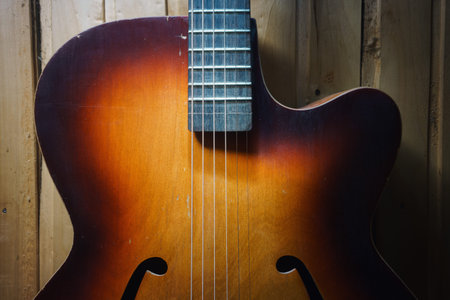 Details of an old jazz guitar from the fifties on a wooden paneled wall.