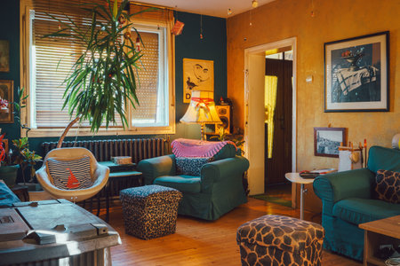 Cacak, Serbia - December 29, 2025: Interior of living room in vintage pop art style, lifestyle with...