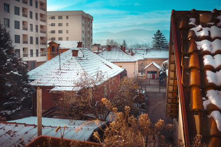 View from the terrace in winter, the town of Cacak in Serbia, sunny day with a little snow.の写真素材