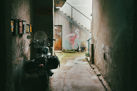 Novi Sad, Serbia - February 08, 2026: Big Yamaha motorcycle parked in the passage of an old...