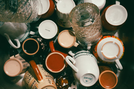 Washed coffee mugs in sink, upside down, top view.の写真素材