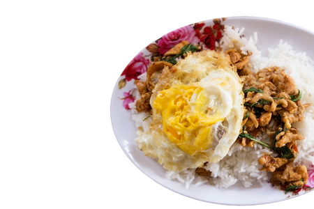 Stir-fried minced pork with holy basil and steamed rice Thai food.の写真素材