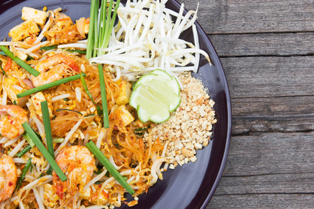 Fried noodle Thai style with prawns.の写真素材