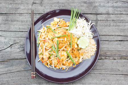 Fried noodle Thai style with prawns.の写真素材