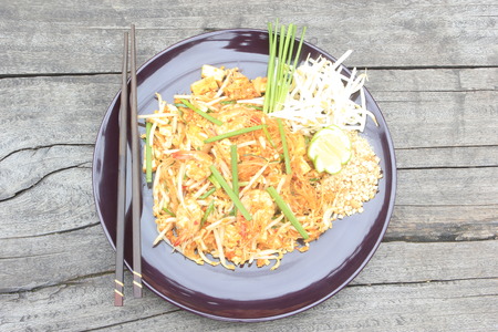 Fried noodle Thai style with prawns.の写真素材