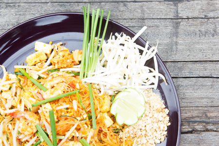 Fried noodle Thai style with prawns.の写真素材