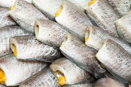 Snakeskin Gourami Fish,Pla Salit fish Trichogaster pectoralis dry overlay local cuisine thailand.の写真素材