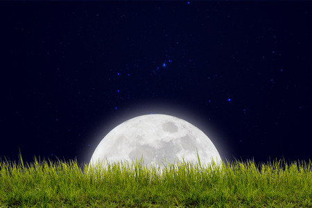 Full moon with stars and field of green hill on darkness sky.の写真素材