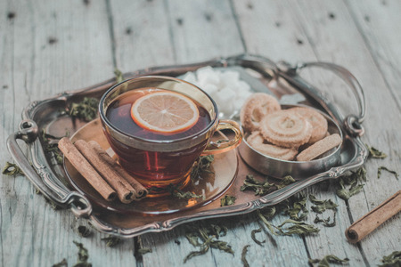 Cup of tea on wooden tableの写真素材