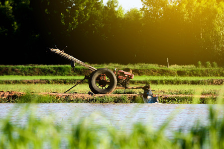 Pump water in field rice , preparing for planting rice of Thailand.の写真素材