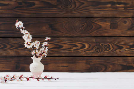 cherry flowers in vase on wooden backgroundの写真素材