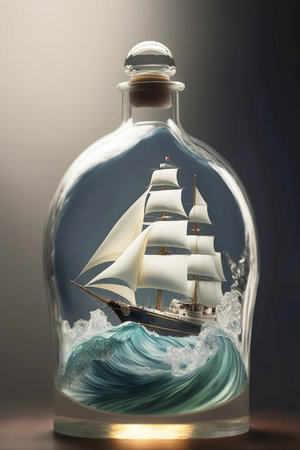 ship in open sea in closed glass bottleの素材
