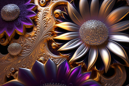 abstract metallic flower pattern close up in purple and gold colorsの素材