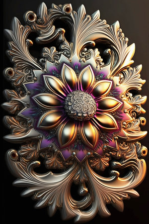 abstract metallic flower pattern close up in purple and gold colorsの素材