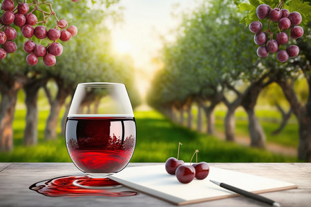 glass of red wine with notebook on table on gargen backgroundの素材