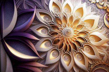 abstract metallic flower pattern close up in purple and gold colorsの素材