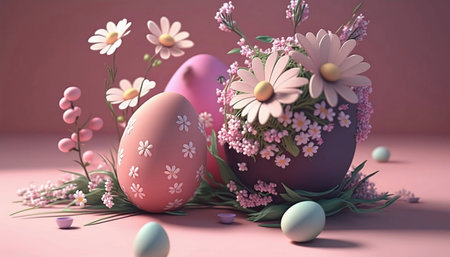 still life with easter eggs with lots of flowers in pastel colorsの素材