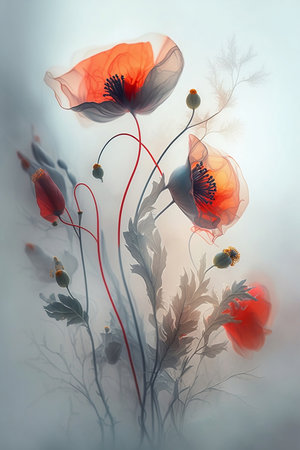 fantasy red flowers in fog on white backgroundの素材