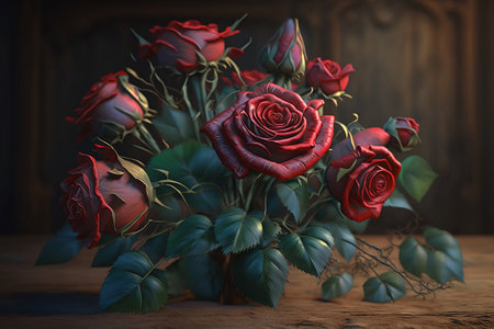 bouquet of red roses in vase on wooden backgroundの素材
