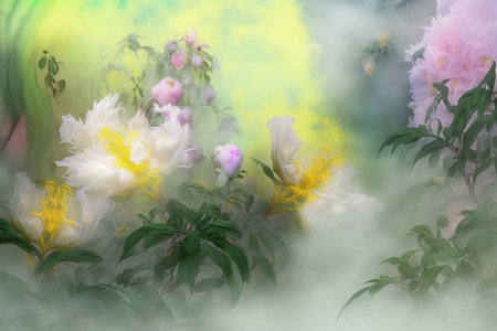 magical pink and yellow flowers close upの素材