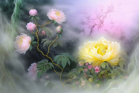 magical pink and yellow flowers close upの素材