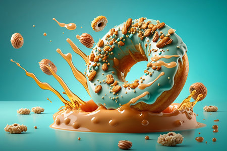 colorful glazed donut on blue backgroundの素材