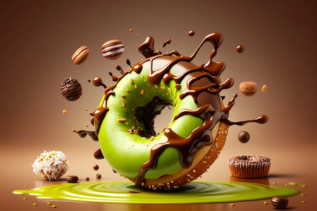 colorful glazed donut on brown backgroundの素材