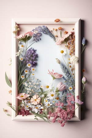 frame with wildflowers on pastel backgroundの素材