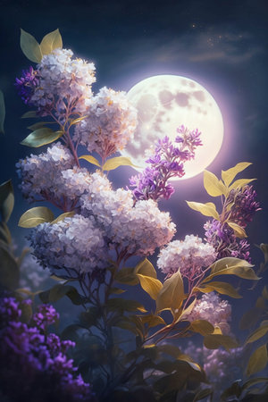 lilac flowers on night sky backgroundの素材