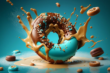 colorful glazed donut on blue backgroundの素材
