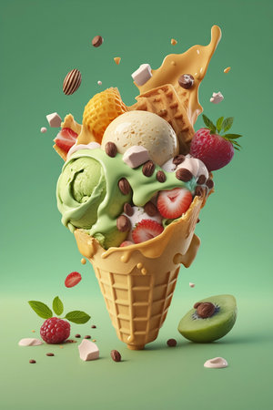 colorful ice cream in cone with fruits on green backgroundの素材