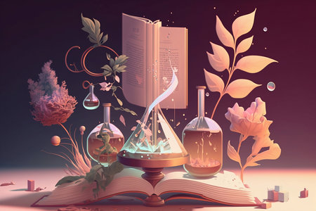 illustration of fantasy books and glass jars in pastel colorsの素材