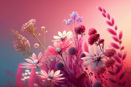 meadow of wildflowers in pastel colors on gradient backgroundの素材