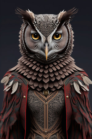 eagle owl in human's clothes in dark backgroundの素材