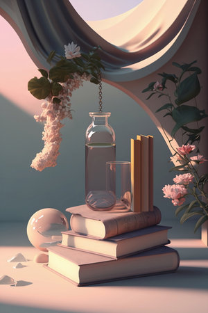 illustration of fantasy books and glass jars in pastel colorsの素材