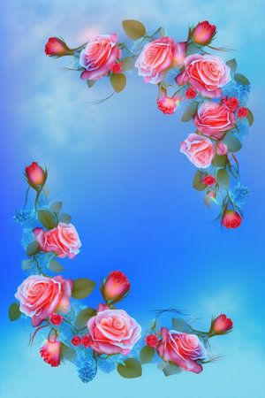 frame with pink roses on blue backgroundの素材