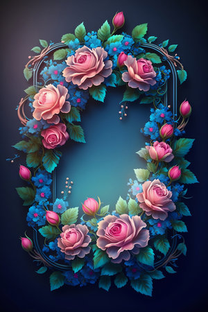 frame with pink roses on blue backgroundの素材