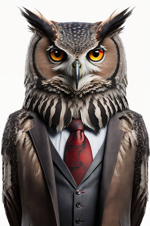 eagle owl in suit on white backgroundの素材