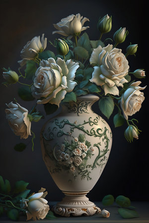 white roses in vintage vase on dark backgroundの素材